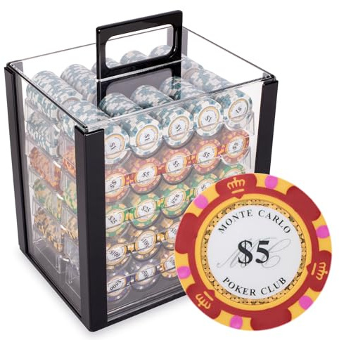 Playzaic 1000-piece Acrylic Monte Carlo Poker Chip Case - 13.5-gram Heavy Clay Composite Set - Casino Chips for Texas Holdem, Blackjack - Betting Game Accessories