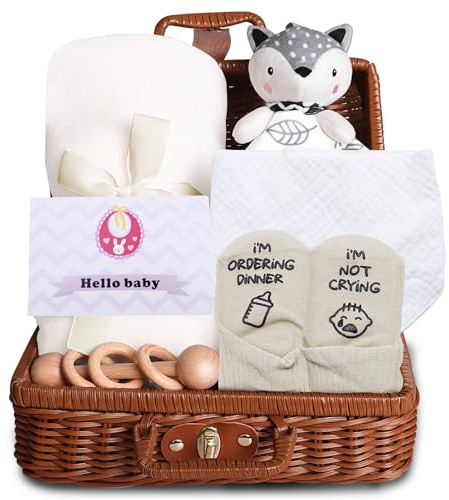 Tbintul Cesta de Bebé Recién Nacido, 7 en 1 Regalo Bebe Recien Nacido Niños y Niñas, con Peluche, Babero, Mordedor de Madera, Manta para Bebé, Calcetines, Tarjetas de felicitación, Cestas de regalo