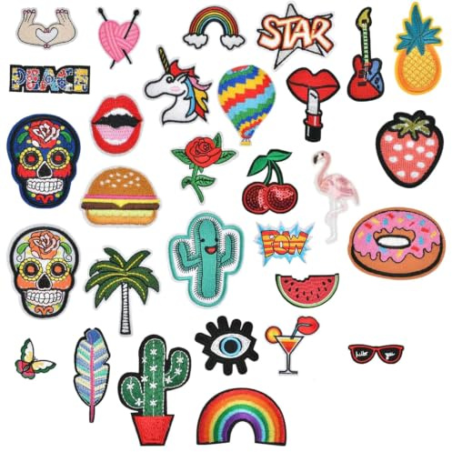 32 Pcs Iron-On Patches, Assorted Embroidered Applique Set for Clothing | Sew-On Fabric Stickers for Jeans, Jackets, Hats, Shoes and Backpacks