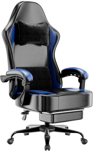 Sedia Gaming Ergonomica con Molle e Poggiapiedi in Pelle PU (Blu + nero) | Poggiatesta regolabile, supporto lombare, seduta a molle