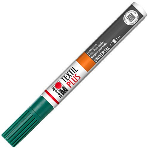 Marabu 01180003068 - Textil Painter plus, dunkelgrün 068, Strichstärke ca. 3 mm, Stoffmalstift für helle und dunkle Stoffe, auf Wasserbasis, weicher Griff, nach Fixierung waschbeständig bis 40°C