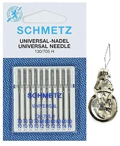 Schmetz - Lot de 10 aiguilles pour machine à coudre universelles (normal/standard), tailles assorties 70/10, 80/12 et 90/14 Assorted 70-90 + 2 Threaders