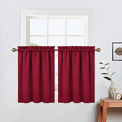 LinTimes Christmas Blackout Short Curtains 24 Inches Long 2 Panels Cafe Tier Christmas Decoration Curtains Light Blocking Blackout Room Darkening Camper Curtains for Small Windows Kitchen Red Wine