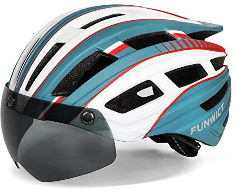 FUNWICT Fahrradhelm Herren Damen Helm Fahrrad mit Abnehmbarer Magnetische Brille und Innenfutter LED-Rücklicht Fahrradhelm mit Visier zum Radfahren (CyanWhite)