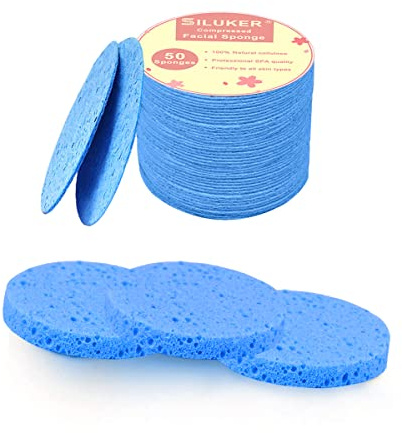 50-Count Compressed Facial Sponges for Daily Cleansing and Gentle Exfoliating, 100% Natural Cellulose Spa Sponge Perfect for Removing Dead Skin, Dirt and Makeup - Blue