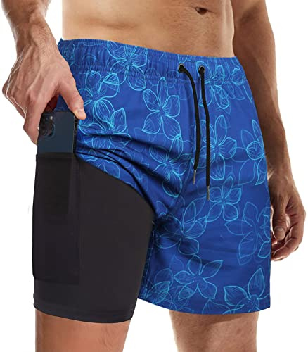 Suwangi Men's Swim Trunks Double Layer Beach Quick Dry Swimming Compression Liner 2 in 1 Shorts Boxer Brief Waterproof Surfing Board Blue