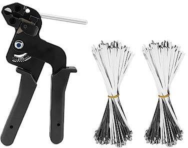 QWORK Pistola de amarre de cable, herramienta de sujeción de cables de acero inoxidable, Tensor de bridas de metal, con 200 bridas para cables de acero inoxidable de 4.6 x 250 mm