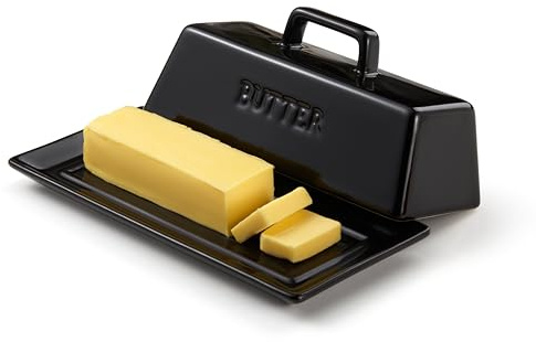 Kook Ceramic Butter Dish with Lid, Countertop, Dishes, Tray, Black