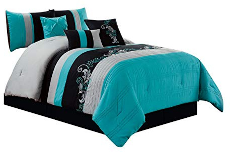 Chezmoi Collection Napa 7-Piece Luxury Leaves Scroll Embroidery Bedding Comforter Set (Oversized King, Teal Blue/Gray/Black)