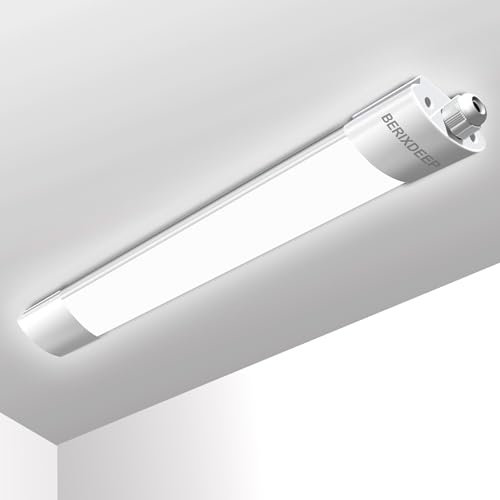 BERIXDEEP Réglette Neon LED 60 cm Étanche, 18W 1800lm 4000K Plafonnier, Sans Scintillement IP65, Luminaire Tube pour Garage Cuisine Atelier Bureau Parking Entrepôt