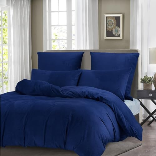 Gezu Funda de Edredón Invierno 200x200cm Azul Oscuro Franela de Terciopelo Doble Cara Gruesa Cálida Juego de Cama para Adultos Ropa de Cama para 2 Personas con 2 Fundas de Almohada 65x65cm con