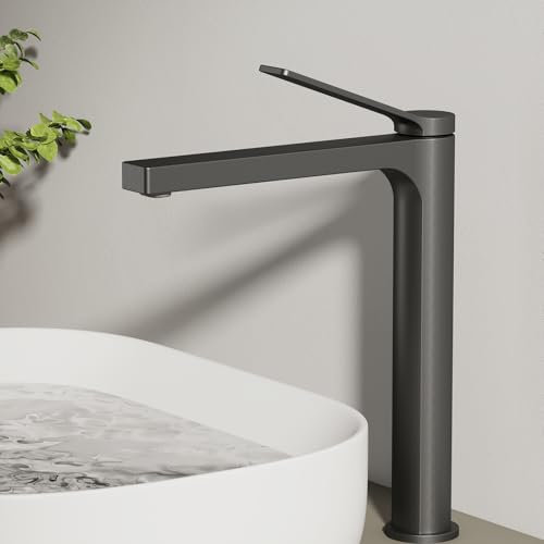 EMKE Wasserhahn Bad Anthrazit Matt, 335 x 233 x 46 mm, Messing, Keramikkartusche, Badarmatur, Mischbatterie Waschbecken-Armatur einfache Installation, Wasserhahn mit Luftsprudler, Waschtischarmatur