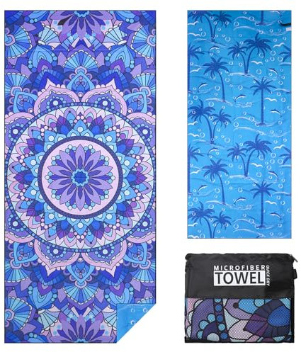 Vorvowry Toalla Playa Grande Microfibra Hombre Mujer Ligera Secado RáPido Libre de Arena para Viajes Natación Deportes con Bolsa de Malla de 80×180cm Mándala Púrpura 1 Piezas