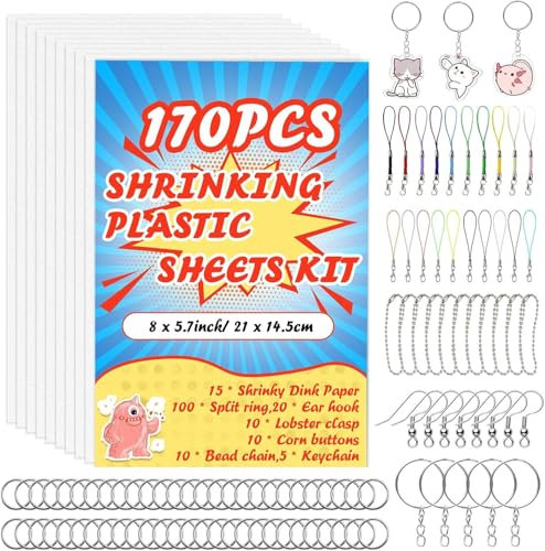 QUOTRE Schrumpffolien,Schrumpfplastik Set für DIY Handwerk enthalten 15 Stück Schrumpfpapier | 20x14.5CM | 170 Stück Schlüsselanhänger und Offener Biegering Set für Kinder DIY Creative Craft