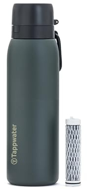 Tappwater BottlePro Adventure - Stainless Steel Water Bottle with Filter for Travel and Sports, filters out 99.99% of pathogens. Non-drinking water purifier. Reusable 740ml BPA-free Bottle. Black