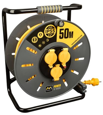 Masterplug Pro-XT Enrollacable 50m, Alargador Enchufe IP55, Extensión Eléctrica 3 Tomas Schuko, Alargo Enchufe Profesional 3x1,5mm2