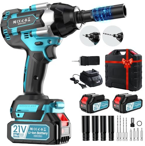 sukaudiz Pistola de Impacto a Batería 1000 Nm, Atornillador de Impacto de 2 Baterías de 4000 Mah, Motor Brushless, 4 Brocas, 4 Puntas de Destornillador para Coches, Camiones y Uso Doméstico.