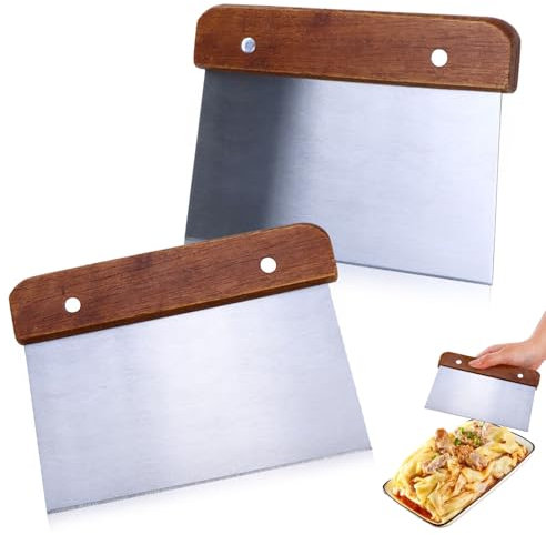 Bench Scraper for Baking, 2PCS Dough Scrapers Wooden Handle Dough Cutter Stainless Steel Multipurpose Kitchen Scraper for Bread Pastry Pizza