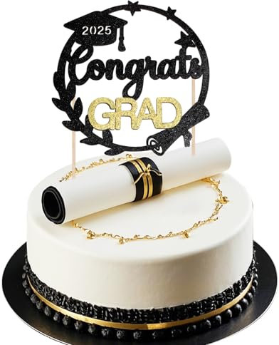 Décoration de Gâteau Graduation Cake Topper Congrats GRAD 2025 Chapeau de Diplôme Cupcake Gâteau Topper Félicitation Or Noir Personnalisé Cadeau Décoration pour Fête Thème Remise des Diplômes