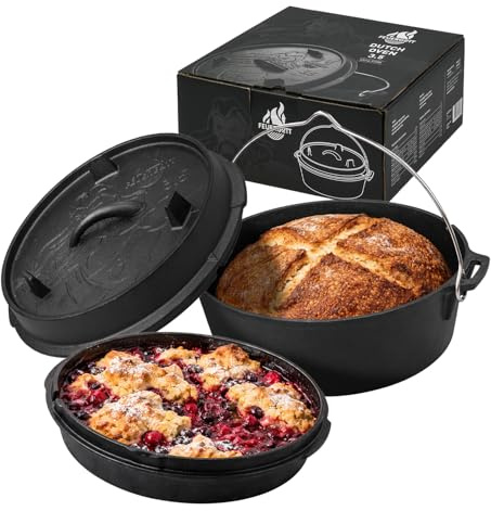 Feuergott Dutch Oven 3,5L ohne Füße – Gusseisen Schmortopf für Brot, Backofen, Herd, Induktion, BBQ – Familiengröße für Schmorgerichte, Braten, Eintopf, Auflauf, Brötchen, Grill, Kochen, Camping