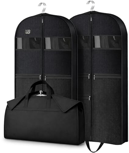 Suit Bag, URMI Heavy Duty 110 x 60 x 10 cm Dance Costume Bag Clothes Storage Protector Cover for Travel 10cm Gusseted Suit Carriers with 3 Pockets Hanging Garment Bag for Suits, Dress 2 Pack, Black
