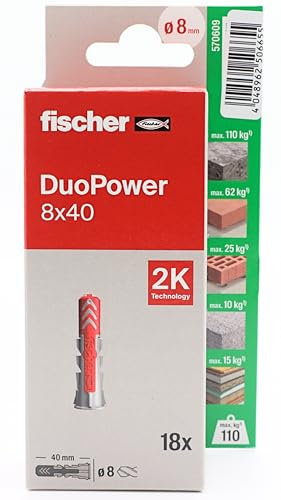 fischer - Duopower 8x40-18U, Tacos para pared multimaterial, sirven para Colgar Bicicletas, Cuadros, Armarios, Soportes de Televisión, Estanterías, Muebles.