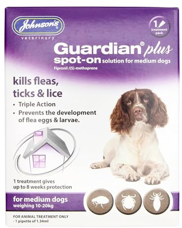 Johnsons Guardian Plus Spot On for Medium Dogs 10kg - 20kg - 1 Treatment, Kills Fleas, Ticks & Lice, Stops Flea Eggs Hatching