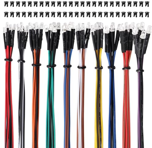 Lyeteung 50 ST 3mm 12V Förtrådda LED Dioder Ljus, 10 Färger, 20cm Förtrådda LED Lysdioder + 50 ST 3mm Plast Diod Hållare