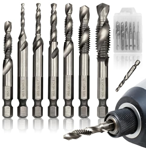 7 Pièces HSS Foret Taraudeur Coffret Foret Metal et Taraud 2-en-1 à 1/4 Tige Hexagonale Kit Taraudage (M3/M4/M5/M6/M8/M10) Outils pour le Perçage et le Taraudage pour Aluminium Bois et Plastique