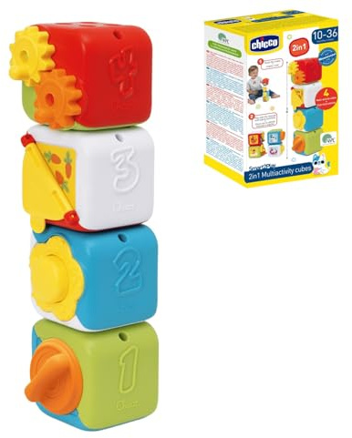 Chicco Cubi Multiattività 2in1, set di 4 blocchi colorati degli animali, da impilare per un divertimento sensoriale, attività manuali e logiche, giocattolo per bambini, 10-36 mesi