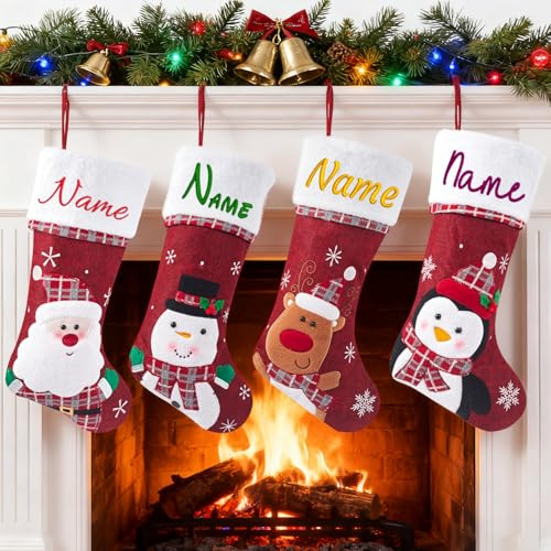 Calcetines Navidad Personalizados Bordado Nombre – Gran CalcetíN de Navidad 48 cm, DecoracióN Festiva y Regalo Familiar, Adornos NavideñOs para Chimenea, Ideales para el Hogar o Fiestas. (4 Pcs)