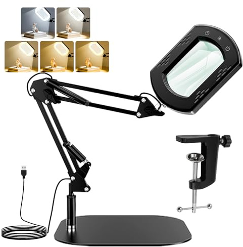 Lamptobe 10X Förstoringsglas med Ljus och Ställning, Stabil Bas 28x28 cm, 5 Färglägen Dimbart, LED Skrivbordslampa med Klämma, Handsfree Lupp för Läsning Hantverk Sömnad Närarbete