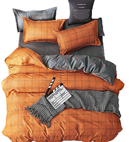 Loussiesd Set copripiumino matrimoniale reversibile a quadri, arancione e grigio, con chiusura a cerniera, in microfibra leggera e morbida, 3 pezzi (1 copripiumino + 2 federe), biancheria da letto a
