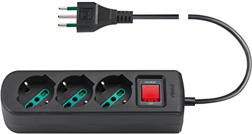 Vimar 0R00637.CC Presa multipla con interruttore automatico di protezione e cavo da 1,5 m, 3 uscite SICURY universale standard italiano, spina 10 A standard italiano, nero