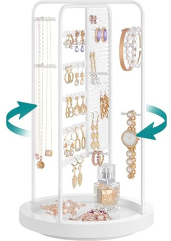 SONGMICS Schmuckständer, Schmuckhalter drehbar, 4 getrennte Bereiche, Metallrahmen, Schmuckaufbewahrung für Halsketten Armbänder Ohrringe Ohrstecker Ringe, Geschenkidee, weihnachten, weiß JJS023W01