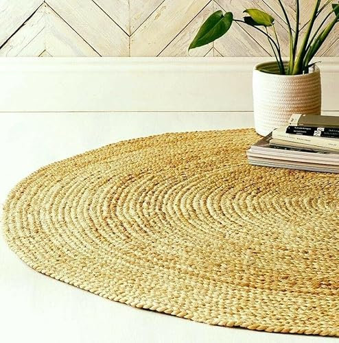 EcoKunst Jute Teppich Rund Wohnzimmer| Ø 80 cm| Modern Handgefertigt 100% Naturfaser Läufer | Boho Deco für Schlafzimmer, Küche, Outdoor, Flur - Beige, (EKR-J101)