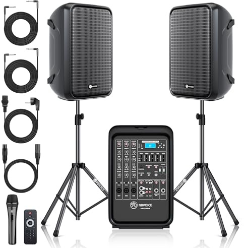 NBVOICE Professional Portable All-in-One Integrated 2-Way PA System Fixed Setup, Suitcase Design w/ 8-Channel Mixer, 2 Speaker Stands, Bluetooth, Mic for Performances, Presentations