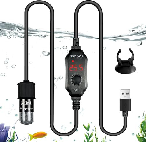 Vegena Aquarium Heizung, Kleiner Tauchheizstrahler für Aquarium, Digital Anzeige Aquariumheizer 10W 5V 2A, Temperatur Einstellbare Aquarium Heizer, USB Aquarium Heizstab mit Saugnäpfen für Fischtanks