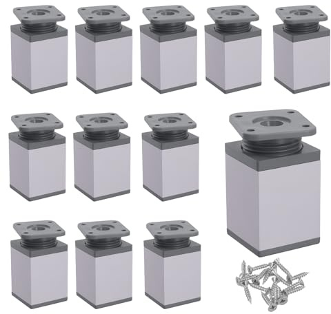 DAKFOOK Lot de 12 pieds de meubles réglables en alliage d'aluminium pour placard de cuisine, bureau, canapé-lit, 40 x 40 x 80 mm, max 18 mm, gris
