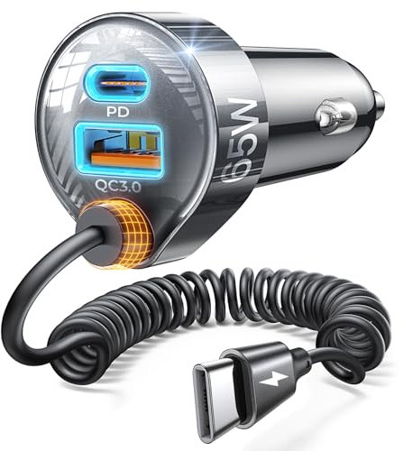 LISEN 65W Zigarettenanzünder USB C 12V USB Adapter Schnell Auto Ladegerät 65W + 30W Aufroll-Spiralkabel, USB C [Dual Chip PD&QC3.0] KFZ Ladegerät für iPhone 17 16 15 14 Pro Max, Galaxy S25 S24