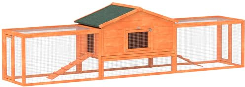 PawHut Conigliera da Esterno con Casetta e 2 Recinti, Gabbia per Conigli e Piccoli Animali con Rampe, 309x69.5x87cm, Arancione