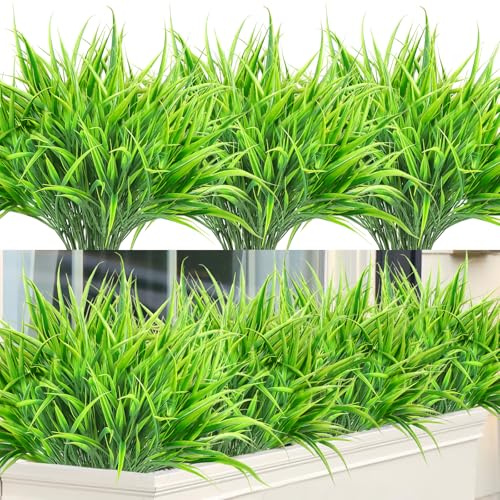 ASTNIC 8 piante di erba artificiale per esterni, 39,9 cm, steli verdi in finta plastica resistente ai raggi UV, arbusti per decorazioni autunnali, casa, finestra, giardino, patio, box, vialetto