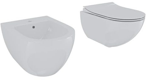 Set Di Sanitari Sospesi Coppia Vaso WC E Bidet Design Moderno Ovale In Ceramica Con Copriwater Chiusura Soft Close Rallentata Con Sgancio Rapido Colore Bianco Lucido