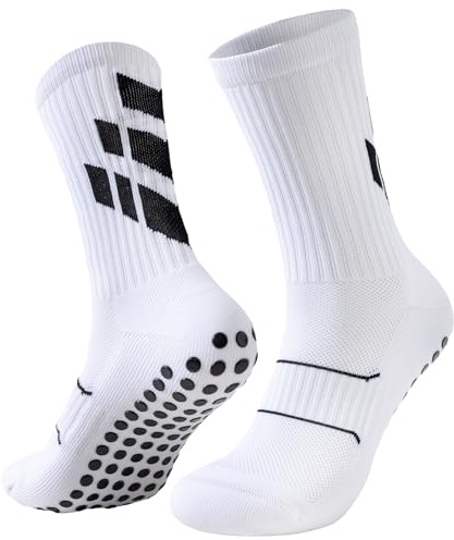 Niorasen Fußballsocken für Herren und Damen, Grip Sportsocken Männer, Tapedesign Football Socks Baumwolle Atmungsaktiv Rutschfeste für Basketball Yoga Training Laufen,47-50, Weiß