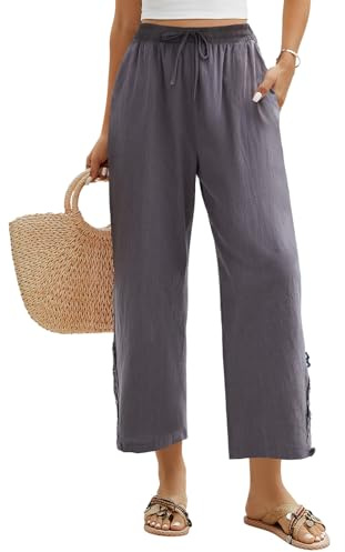 Niwicee Pantalones Mujer Verano Cintura Alta Elástico Pantalón de Pierna Ancha Casual Algodón Pantalón Fluido Playa de Salón con Bolsillos 7/8 Largo(Gris,XXL)