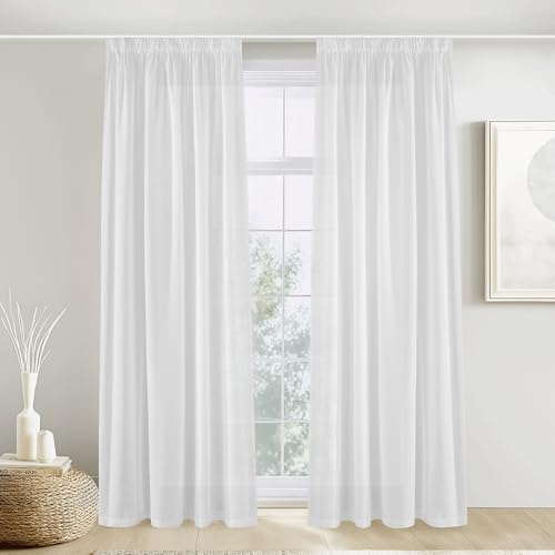 PONY DANCE Visillos Dormitorio de Lino, Cortinas Semi Opacas con Ganchos para Rieles 2 Piezas para Salon/Habitacion Infantil/Comedor,140x245cm,Blanco