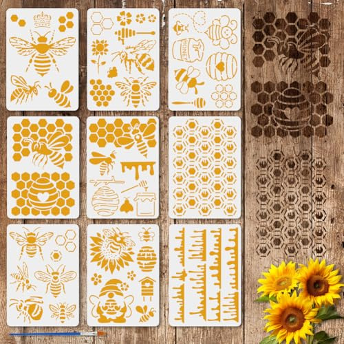 FINGERINSPIRE 9PCS Bee Theme Stencils for Painting with Brush 21x29.7cm Reusable Honeycomb Template Hollowed Honey Pattern Stencil Plastic PET Animal Theme Template for Wall Floor Decoration