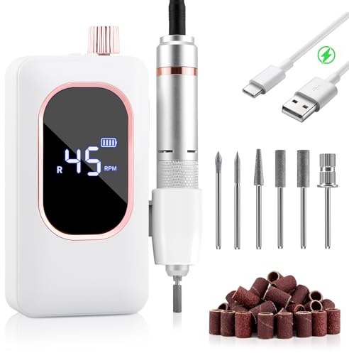 Lime à ongles électrique Pro rechargeable 4000 mAh avec 8 heures d'autonomie, kit de lime à ongles en acrylique 45 000 tr/min pour gel, kit de lime E avec 6 embouts, 7 bandes, écran LED, perceuse à