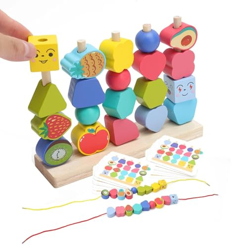 APOMOONS Juguetes Montessori para Enhebrar Cuentas, Formas A Juego, Desarrollo de La Motricidad Fina, Bloques Apilables de Madera Regalo Educativo para Bebés
