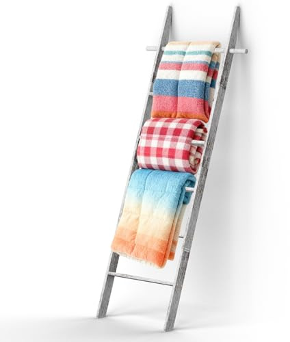 chilinii Farmhouse 6 Ft Wooden Blanket Ladder Living Room with Removable Hooks, 6-Tier Blanket Rack Decorative Stand, Leaning Towel Quilt Rack Holder for Bathroom Decor Rustic White